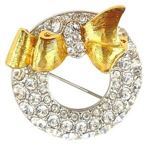 Swarovski Crystal Signed Rhodium Plated Wreath Pin Brooch Gold Bow Dainty